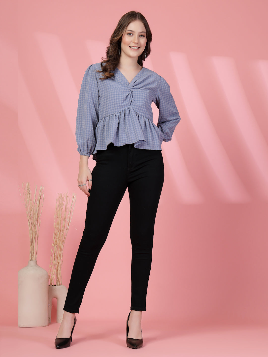 Women’s Checked Bishop Sleeves Empire Crop Top