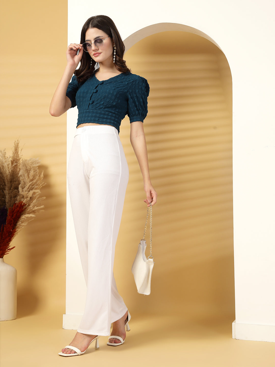 Women’s Self Design Puff Sleeve Crop Top