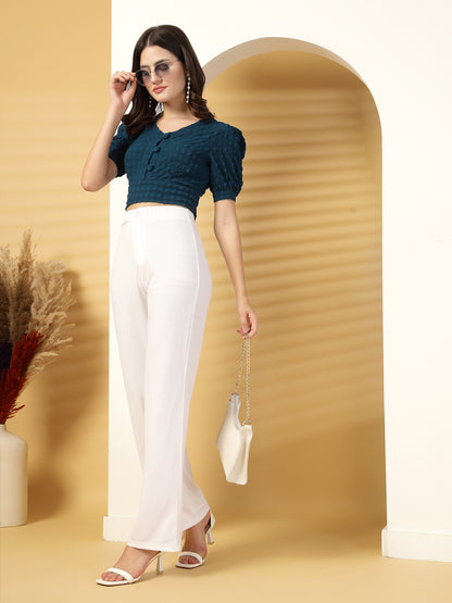 Women’s Self Design Puff Sleeve Crop Top
