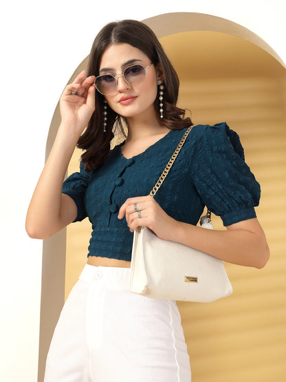 Women’s Self Design Puff Sleeve Crop Top