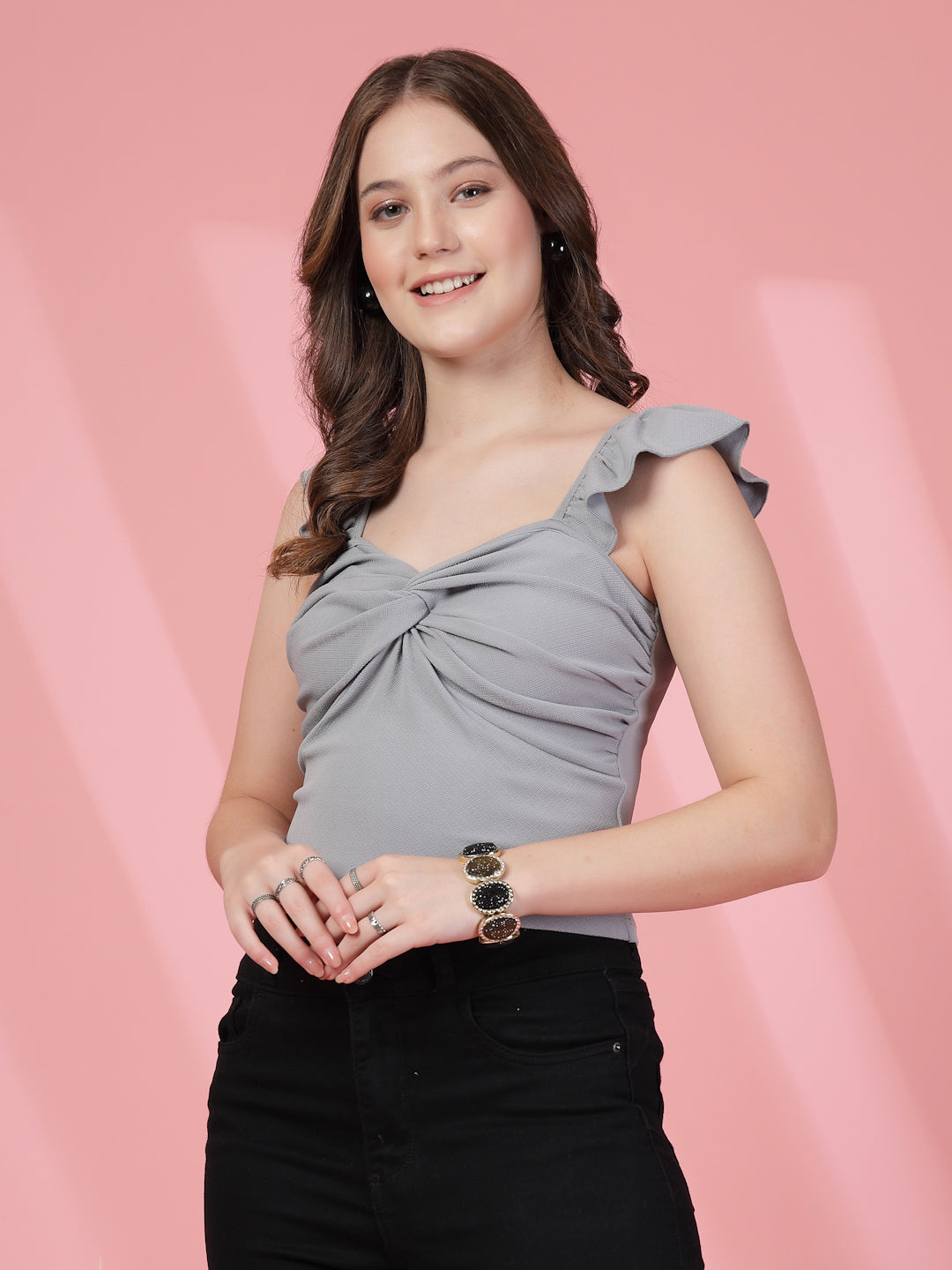 Women’s Sweetheart Neck Flutter Sleeve Crop Draped Top