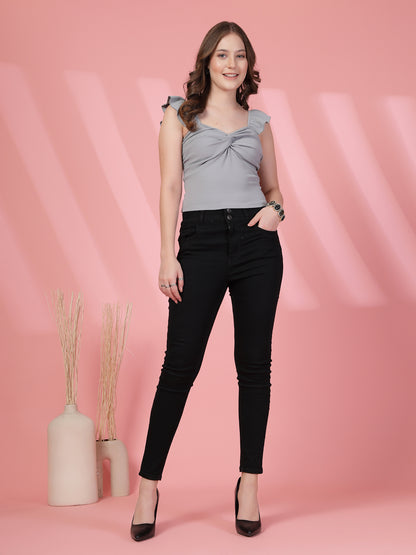 Women’s Sweetheart Neck Flutter Sleeve Crop Draped Top