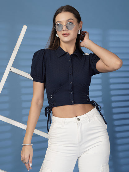 Women’s Puff Sleeve Cotton Shirt Style Crop Top