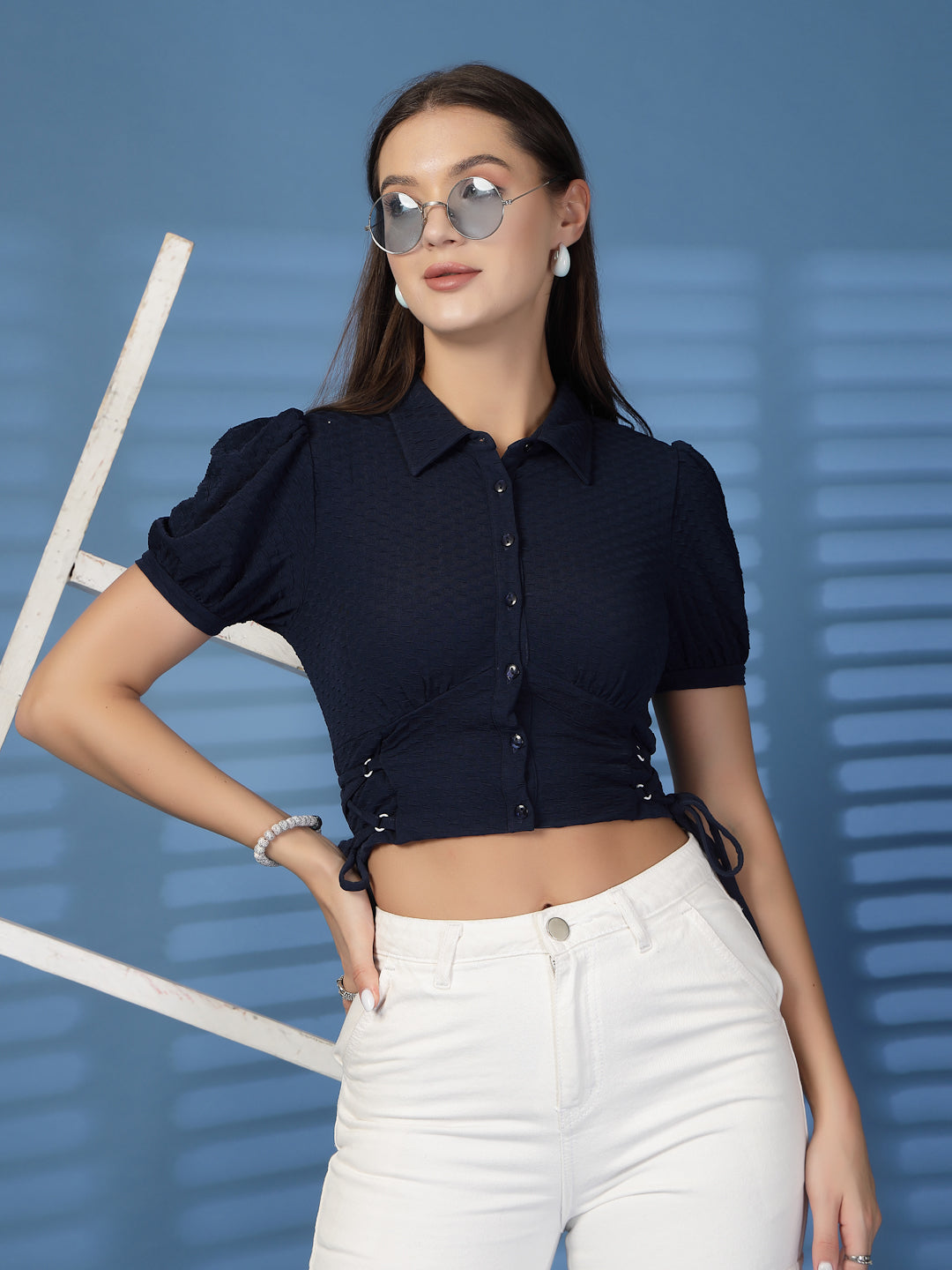 Women’s Puff Sleeve Cotton Shirt Style Crop Top