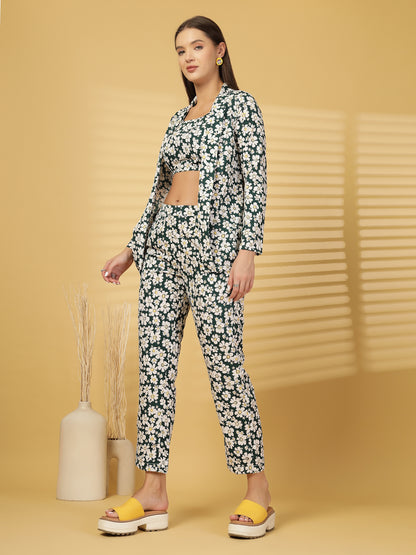 Women’s Floral Printed Comfort-Fit Pure Cotton Top & Trousers With Shrug