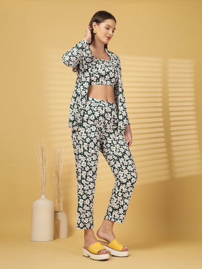 Women’s Floral Printed Comfort-Fit Pure Cotton Top & Trousers With Shrug