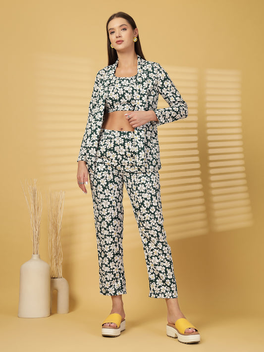 Women’s Floral Printed Comfort-Fit Pure Cotton Top & Trousers With Shrug