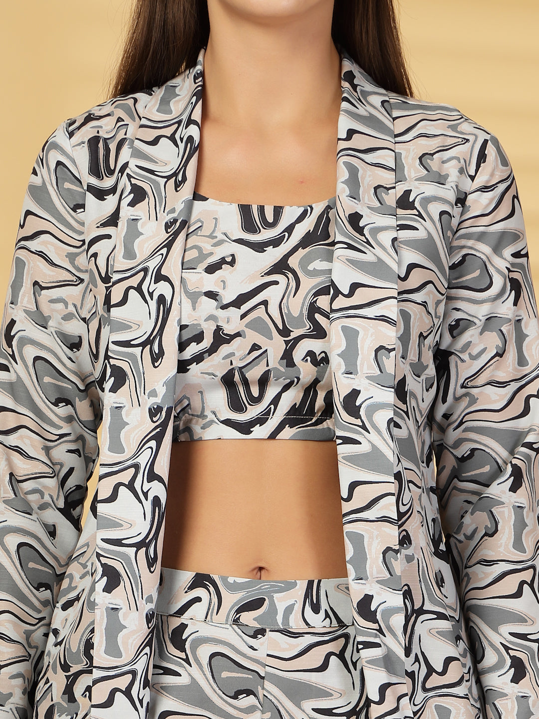 Women’s Abstract Printed Comfort-Fit Pure Cotton Top & Trousers With Shrug