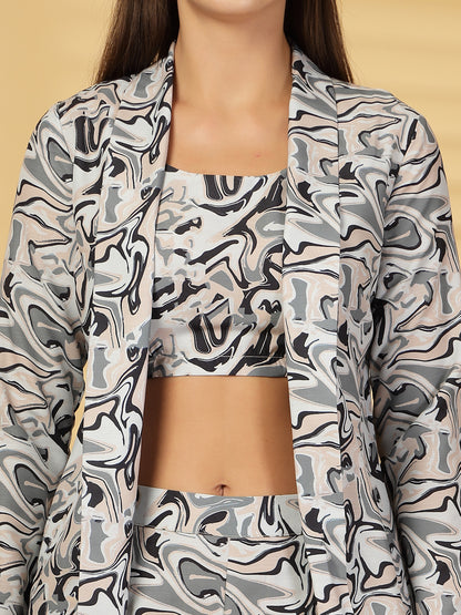 Women’s Abstract Printed Comfort-Fit Pure Cotton Top & Trousers With Shrug