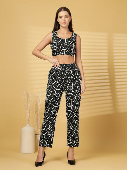 Women’s Geometric Printed Comfort-Fit Pure Cotton Top & Trousers With Shrug