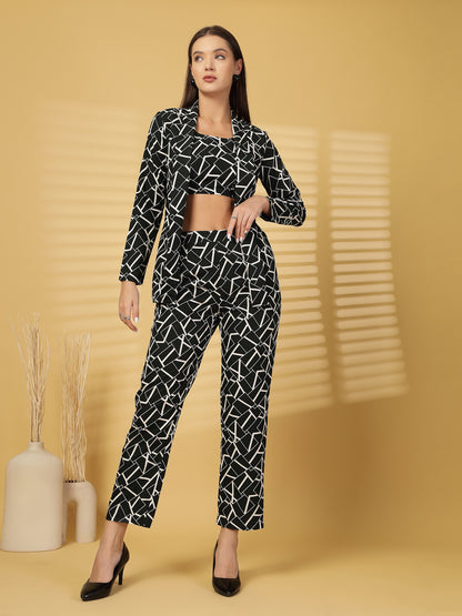Women’s Geometric Printed Comfort-Fit Pure Cotton Top & Trousers With Shrug