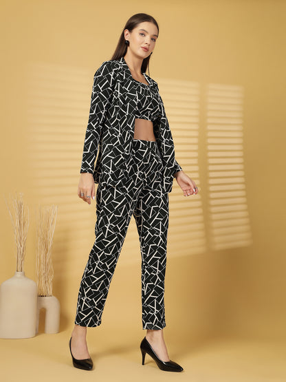 Women’s Geometric Printed Comfort-Fit Pure Cotton Top & Trousers With Shrug