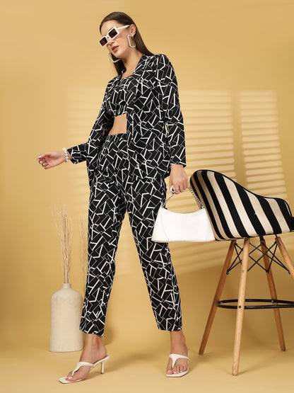Women’s Geometric Printed Comfort-Fit Pure Cotton Top & Trousers With Shrug
