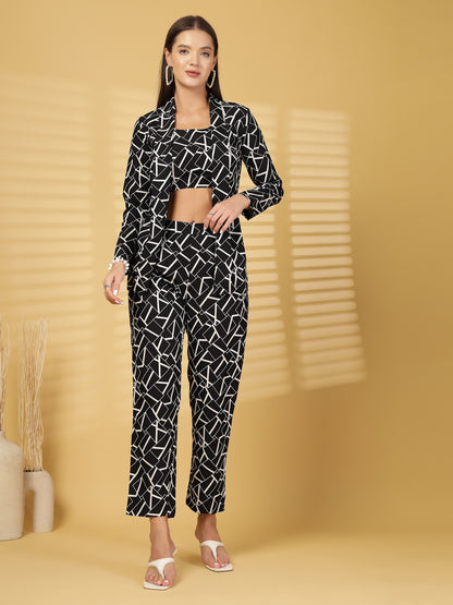 Women’s Geometric Printed Comfort-Fit Pure Cotton Top & Trousers With Shrug