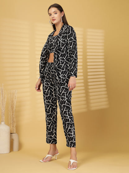 Women’s Geometric Printed Comfort-Fit Pure Cotton Top & Trousers With Shrug