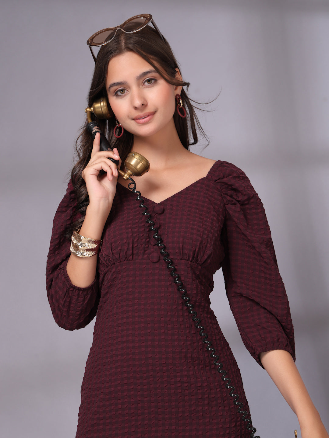 Women’s Casual Summer Bodycon Three-Quarter Sleeves Above Knee V-Neck New Basics Maroon Self Design Print Dress