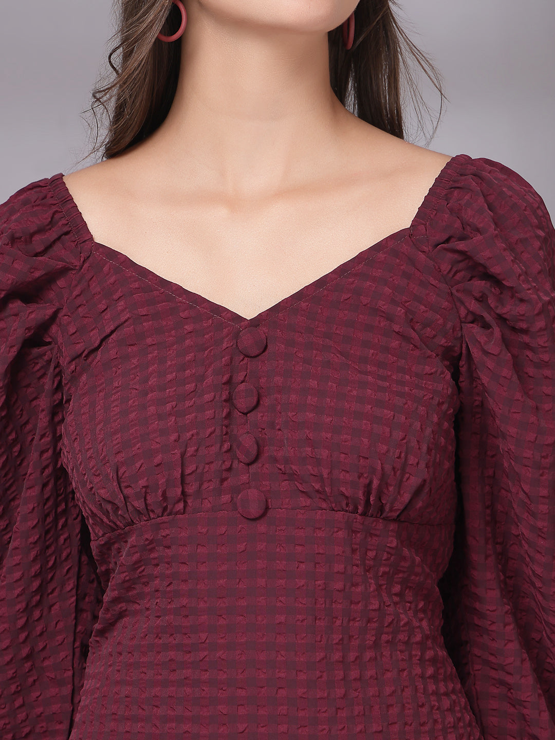 Women’s Casual Summer Bodycon Three-Quarter Sleeves Above Knee V-Neck New Basics Maroon Self Design Print Dress