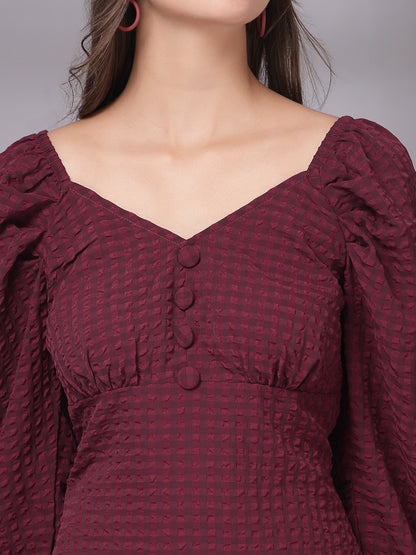 Women’s Casual Summer Bodycon Three-Quarter Sleeves Above Knee V-Neck New Basics Maroon Self Design Print Dress