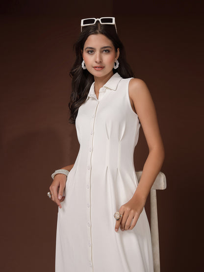 Women’s Casual Summer Maxi Sleeveless Midi Shirt Collar New Basics WHITE Self Design Print Dress