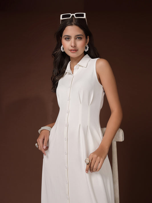 Women’s Casual Summer Maxi Sleeveless Midi Shirt Collar New Basics WHITE Self Design Print Dress