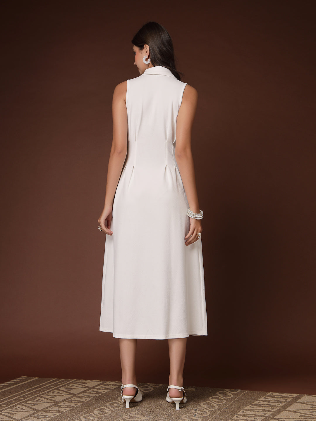 Women’s Casual Summer Maxi Sleeveless Midi Shirt Collar New Basics WHITE Self Design Print Dress