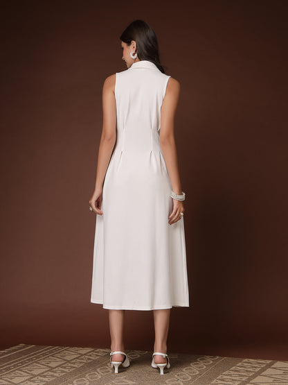 Women’s Casual Summer Maxi Sleeveless Midi Shirt Collar New Basics WHITE Self Design Print Dress