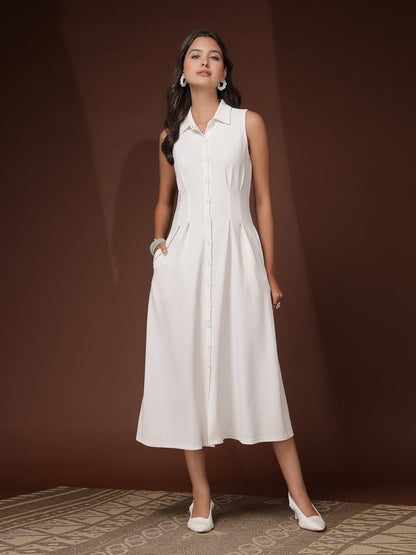 Women’s Casual Summer Maxi Sleeveless Midi Shirt Collar New Basics WHITE Self Design Print Dress