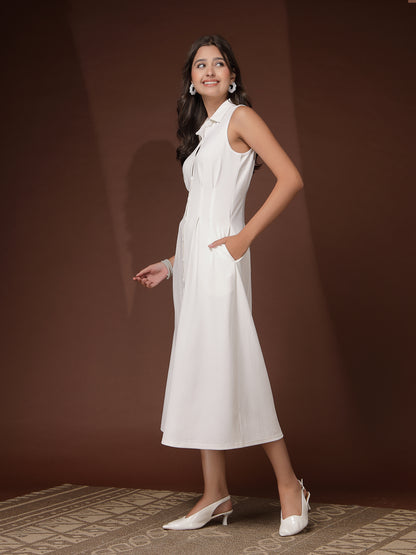 Women’s Casual Summer Maxi Sleeveless Midi Shirt Collar New Basics WHITE Self Design Print Dress