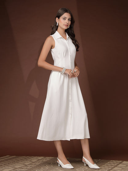 Women’s Casual Summer Maxi Sleeveless Midi Shirt Collar New Basics WHITE Self Design Print Dress
