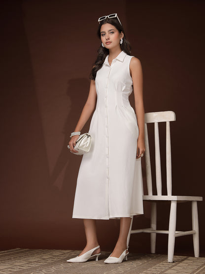Women’s Casual Summer Maxi Sleeveless Midi Shirt Collar New Basics WHITE Self Design Print Dress