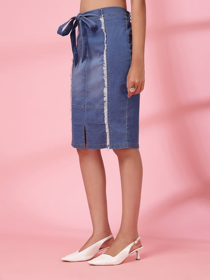 Women’s Denim Blend Frayed Denim Front Slit Knee Length Straight Skirt