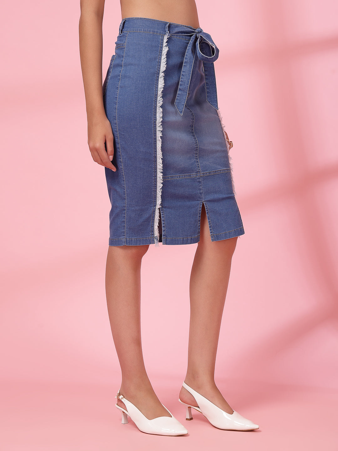 Women’s Denim Blend Frayed Denim Front Slit Knee Length Straight Skirt