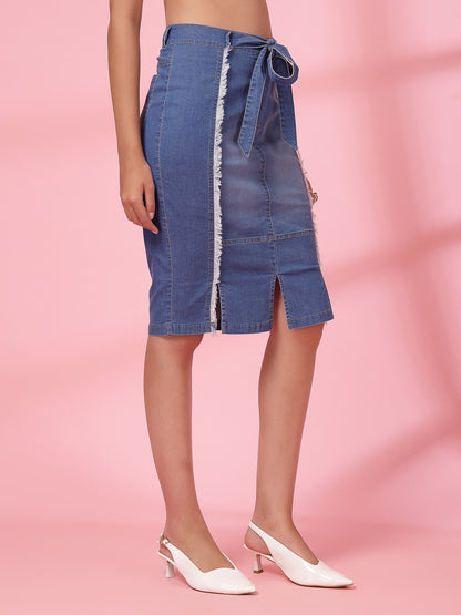 Women’s Denim Blend Frayed Denim Front Slit Knee Length Straight Skirt