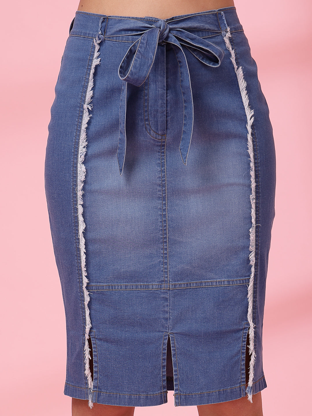 Women’s Denim Blend Frayed Denim Front Slit Knee Length Straight Skirt