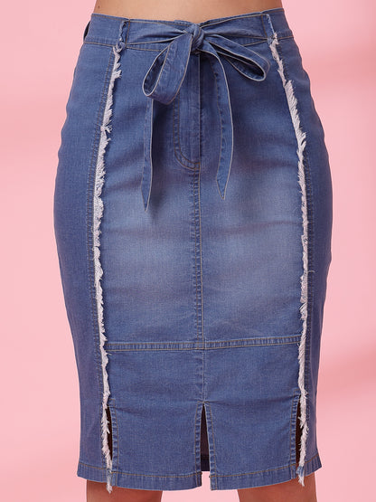 Women’s Denim Blend Frayed Denim Front Slit Knee Length Straight Skirt