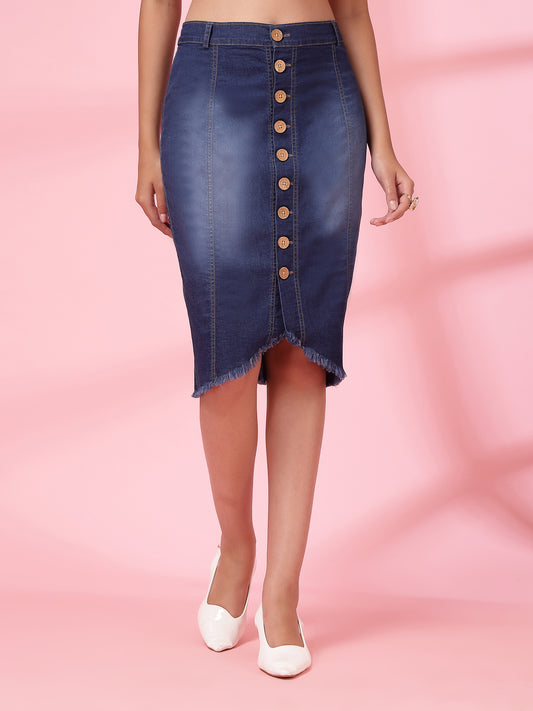 Denim Blend Frayed Denim Midi Pencil Skirt