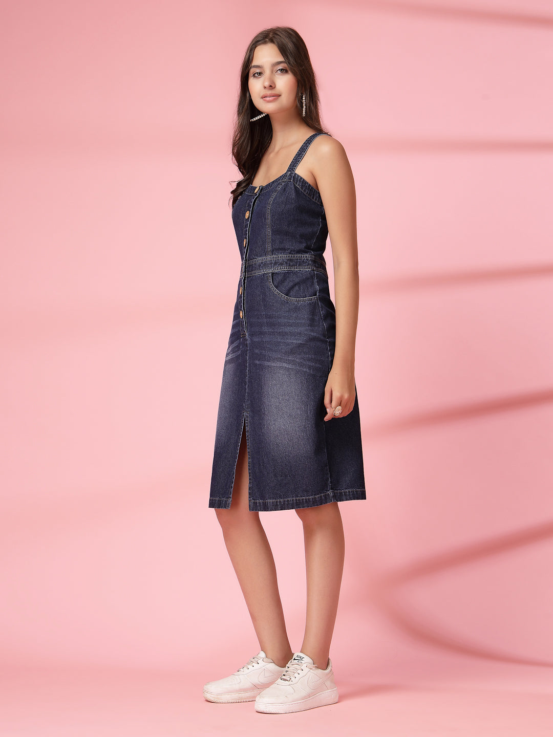 Women’s Casual Summer Bodycon Sleeveless Knee Length Square Neck New Basics BLUE Self Design Print Dress