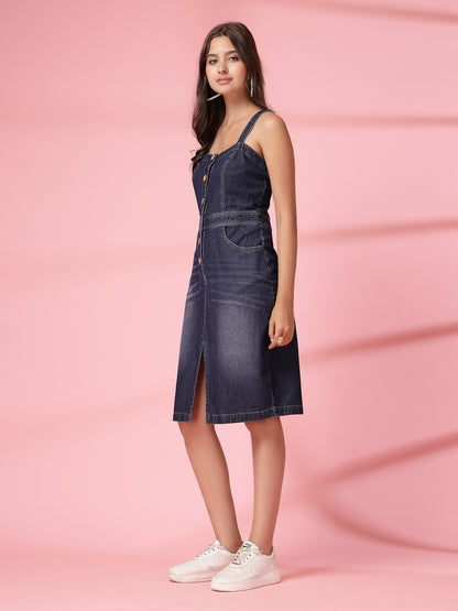 Women’s Casual Summer Bodycon Sleeveless Knee Length Square Neck New Basics BLUE Self Design Print Dress