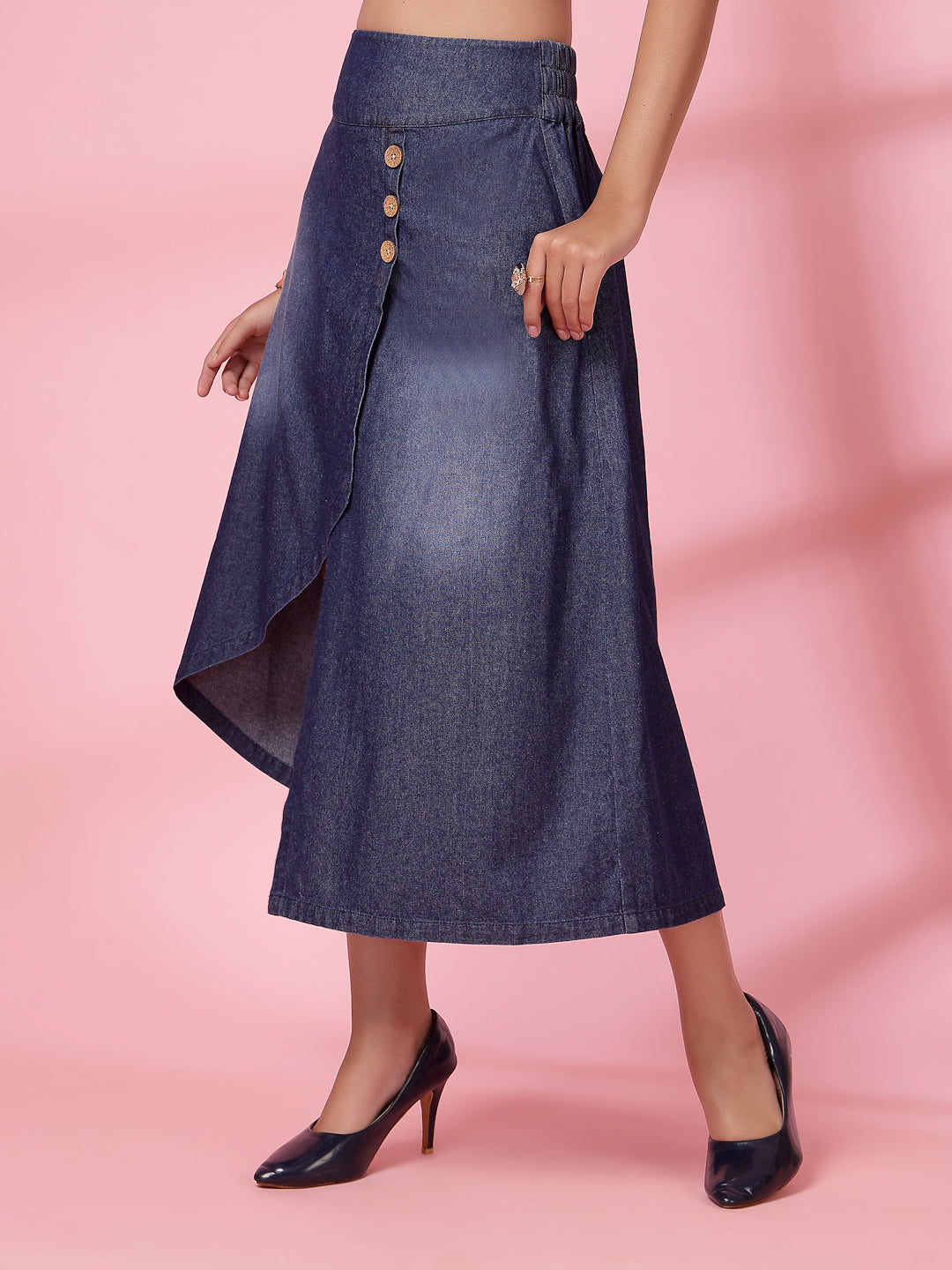 Women’s Denim Blend Front Slit Midi A-Line Skirt