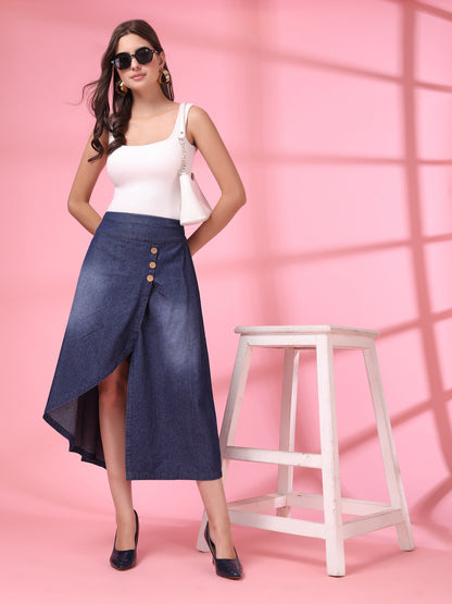 Women’s Denim Blend Front Slit Midi A-Line Skirt