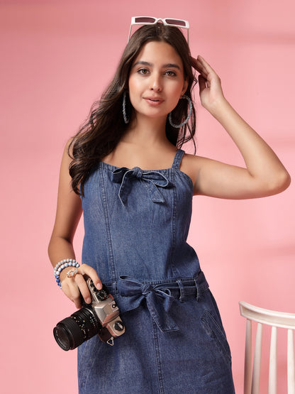 Women’s Shoulder Straps Sleeveless Above Knee Denim A-Line Casual Dress