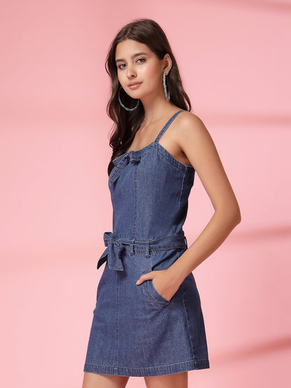 Women’s Shoulder Straps Sleeveless Above Knee Denim A-Line Casual Dress