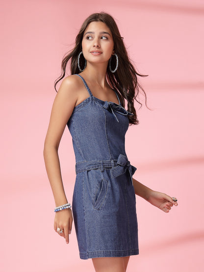 Women’s Shoulder Straps Sleeveless Above Knee Denim A-Line Casual Dress