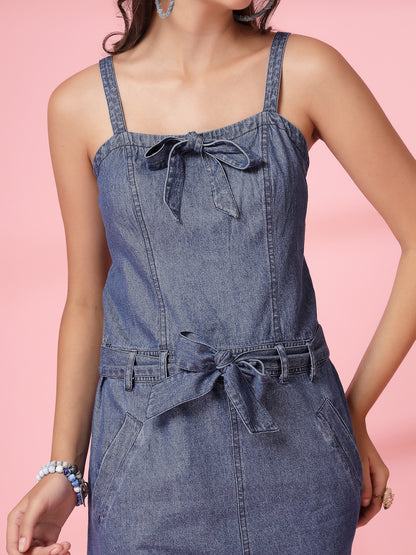Women’s Shoulder Straps Sleeveless Above Knee Denim A-Line Casual Dress