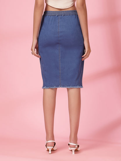 Women’s Denim Blend Frayed Denim Front Slit Knee Length Pencil Skirt