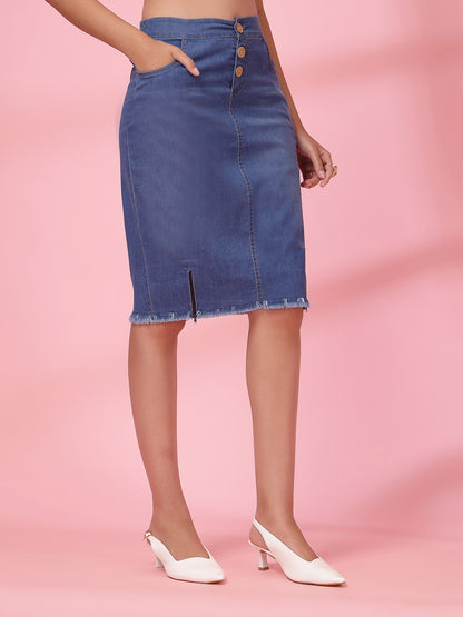 Women’s Denim Blend Frayed Denim Front Slit Knee Length Pencil Skirt