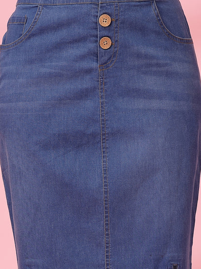 Women’s Denim Blend Frayed Denim Front Slit Knee Length Pencil Skirt