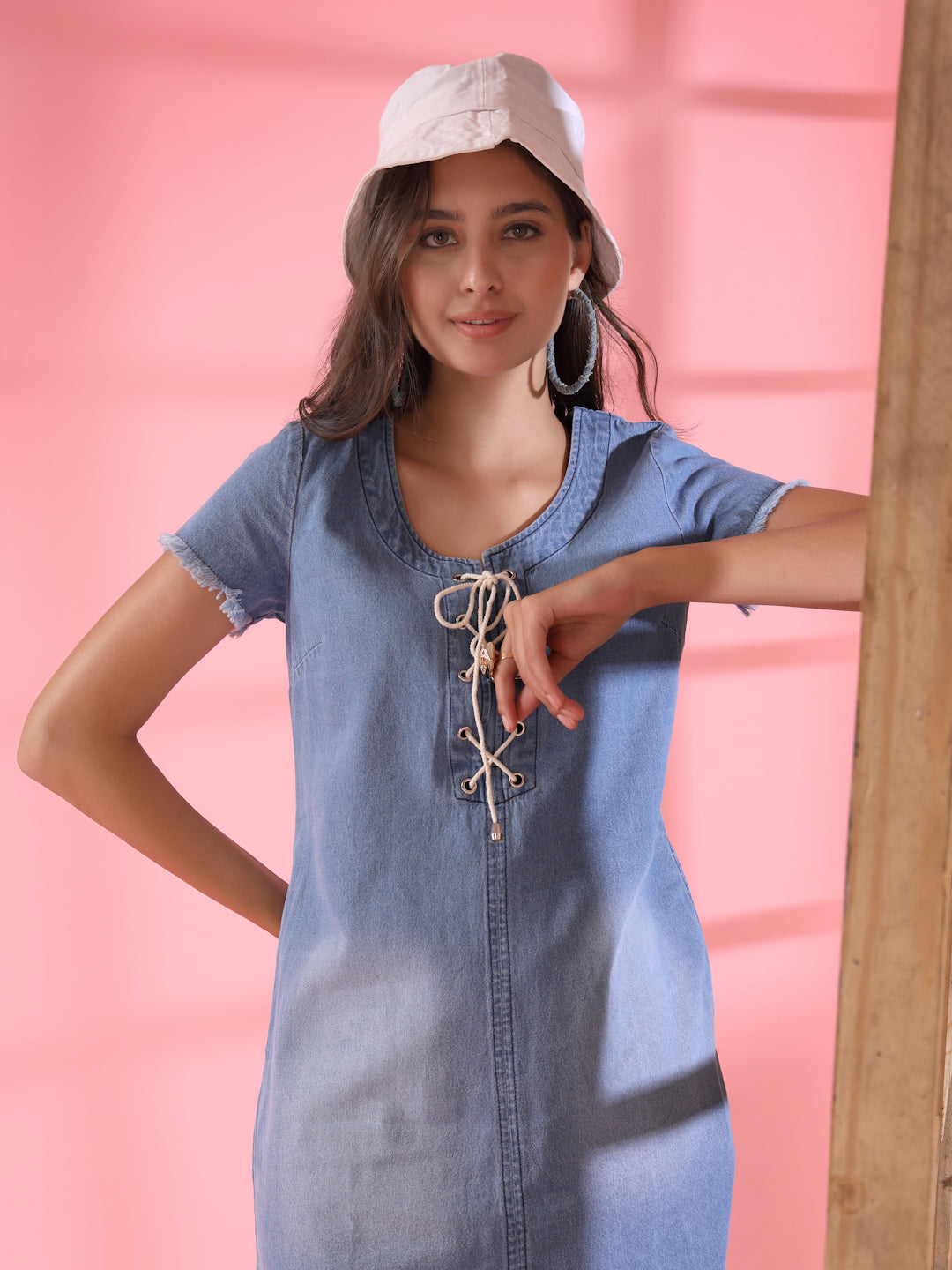 Women’s Casual Summer A-Line Short Sleeves Above Knee V-Neck New Basics Blue Self Design Print Dress