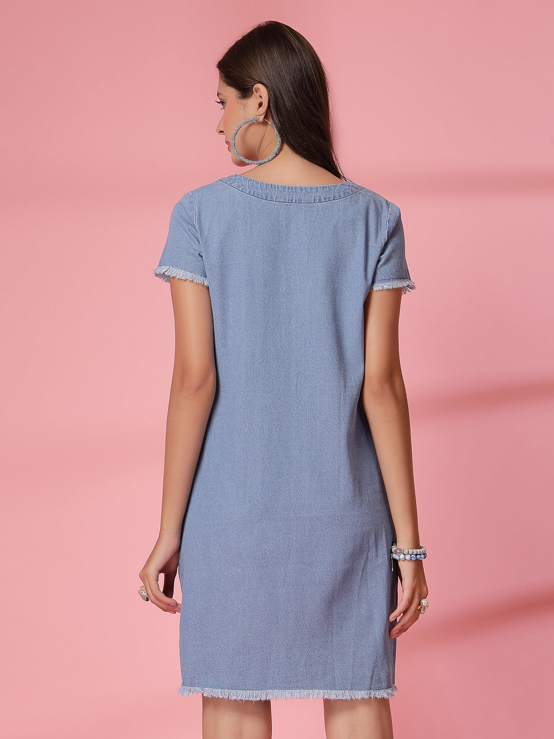Women’s Casual Summer A-Line Short Sleeves Above Knee V-Neck New Basics Blue Self Design Print Dress