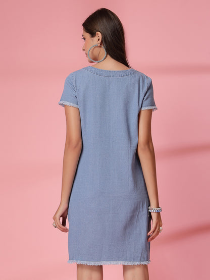 Women’s Casual Summer A-Line Short Sleeves Above Knee V-Neck New Basics Blue Self Design Print Dress